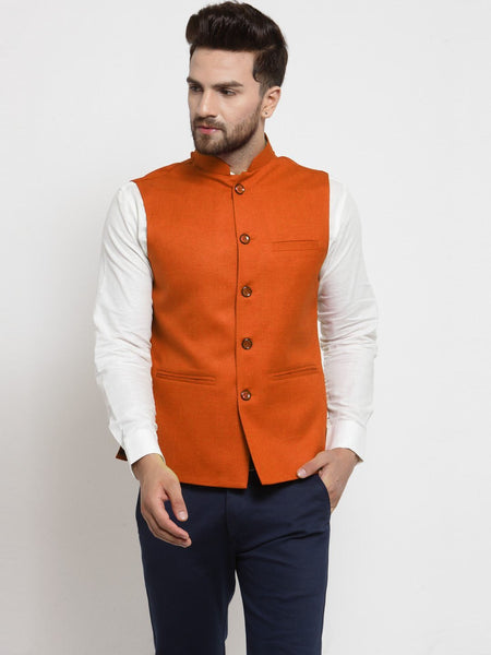 Men Orange Solid Nehru Jacket By Luxury at Less