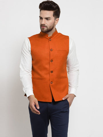 Men Orange Solid Nehru Jacket By Luxury at Less