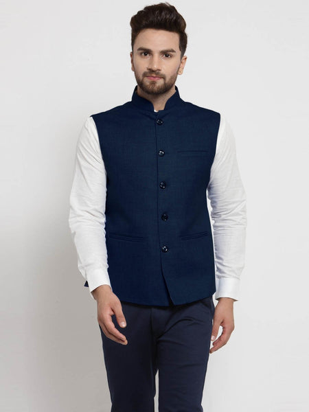 Men Dark Blue Solid Nehru Jacket By Luxury at Less