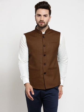 Men Caramel Solid Nehru Jacket By Luxury at Less