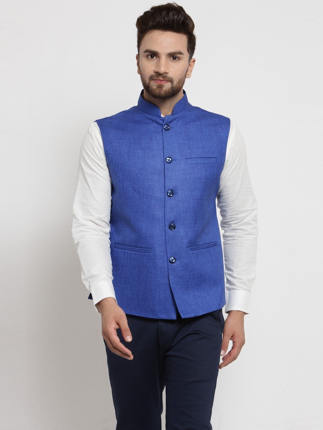 Men Blue Solid Nehru Jacket By Luxury at Less