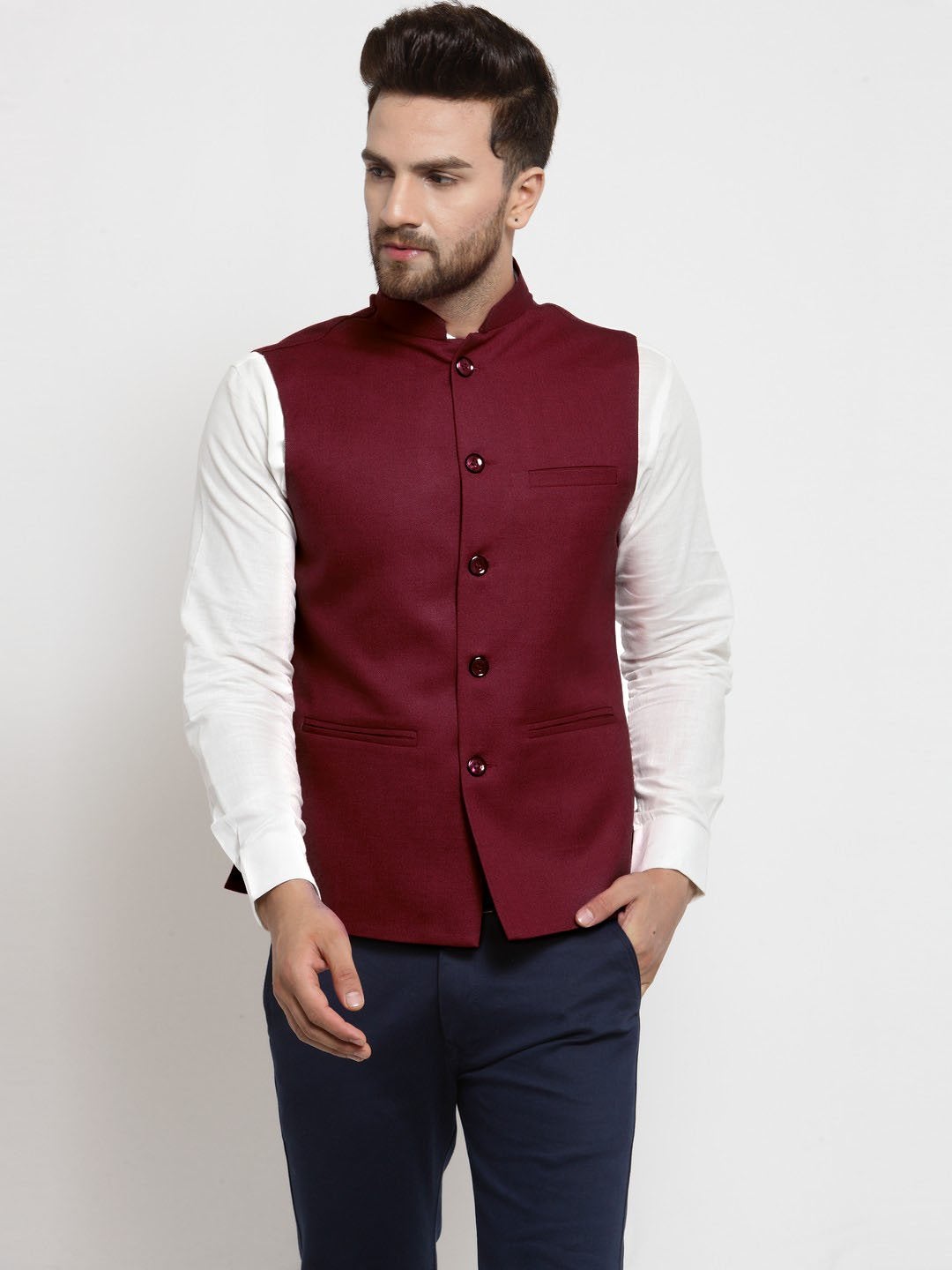Men Maroon Solid Nehru Jacket By Luxury at Less