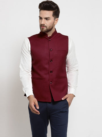 Men Maroon Solid Nehru Jacket By Luxury at Less