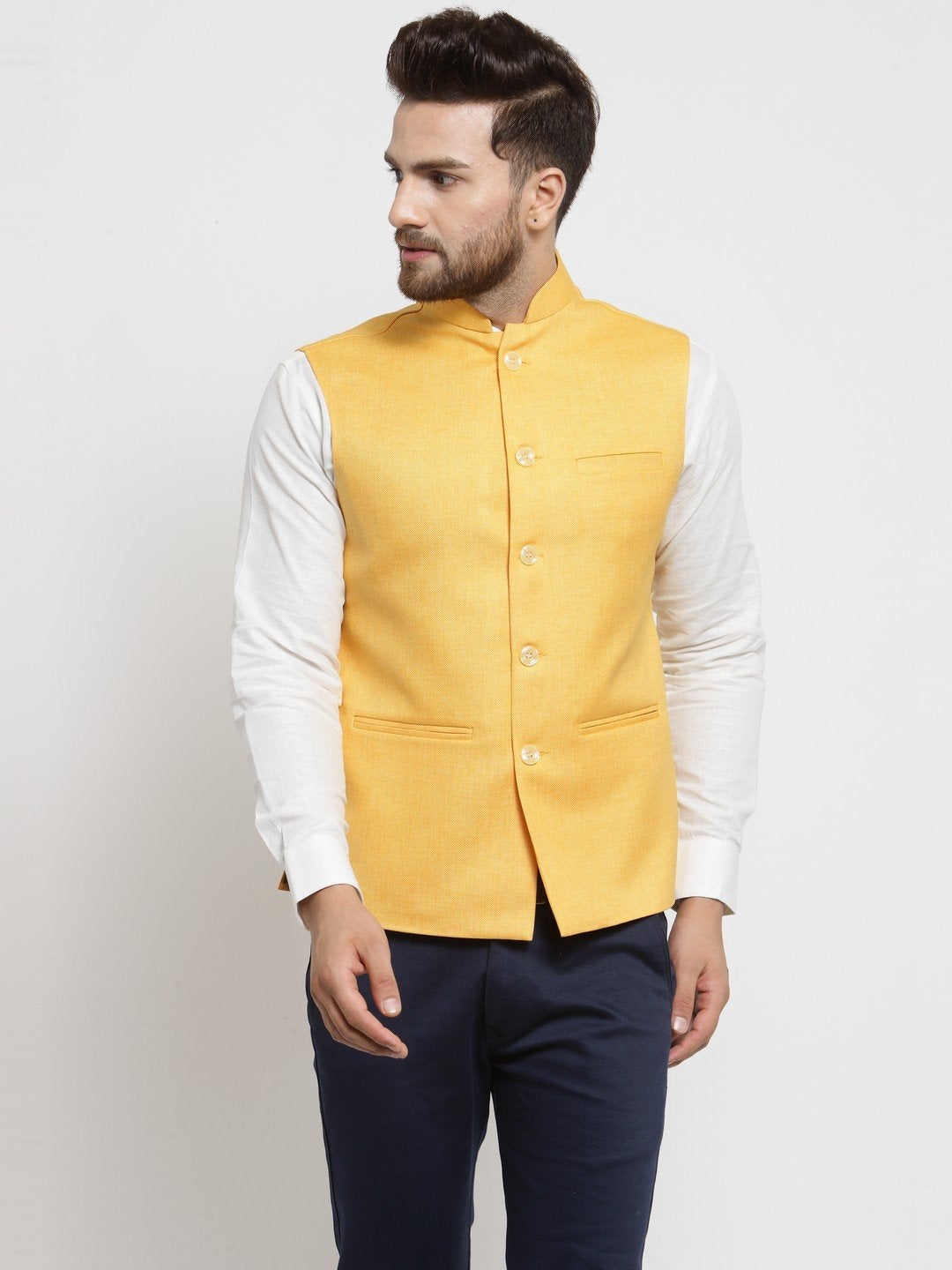 Men Yellow Solid Nehru Jacket By Luxury at Less