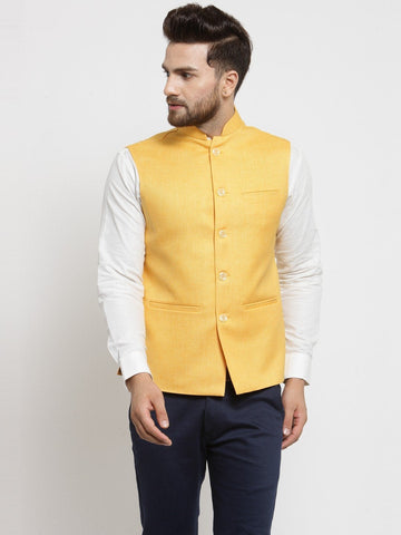 Men Yellow Solid Nehru Jacket By Luxury at Less