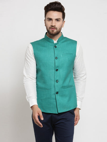 Men Green Solid Nehru Jacket By Luxury at Less