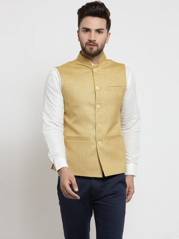 Men Mustard Yellow Solid Nehru Jacket By Luxury at Less