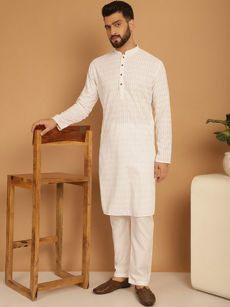 Designer White Chikankari Embroidered Kurta Pajama Set by Luxury at Less