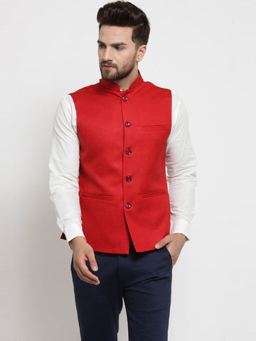 Men Red Solid Nehru Jacket By Luxury at Less