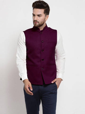 Men Purple Solid Nehru Jacket By Luxury at Less