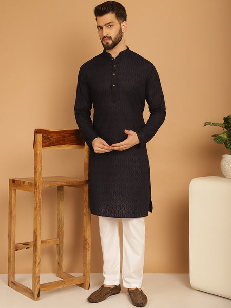 Designer Black Chikankari Embroidered Kurta Pajama Set by Luxury at Less