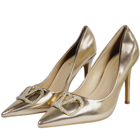 Premium Brand  V Logo Embellished Pump Heel Sandal