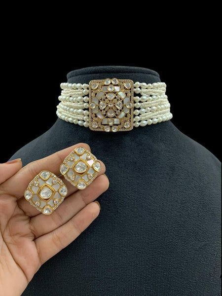 Royal Kundan & Pearl Choker Necklace Set with Square Motif
