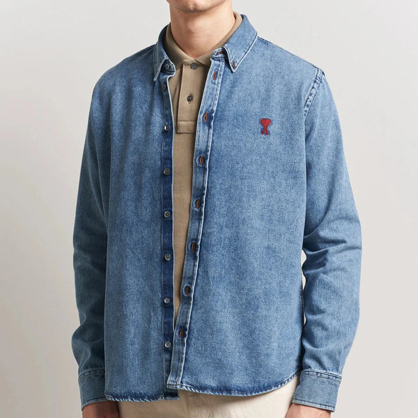 Premium Denim Shirt With Embroidered Hear Logo