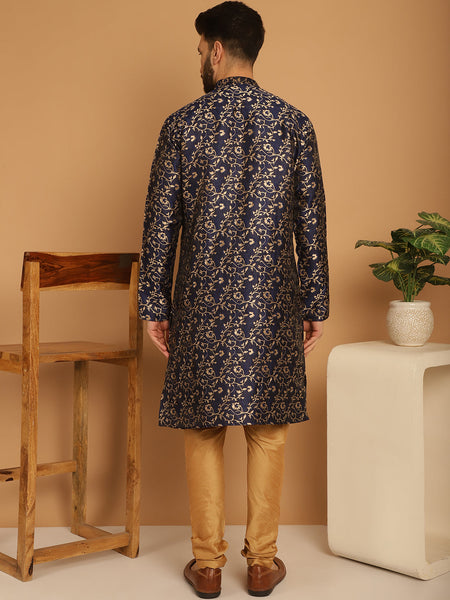 Designer Blue Golden Brocade Silk Sherwani Set by Luxury at Less