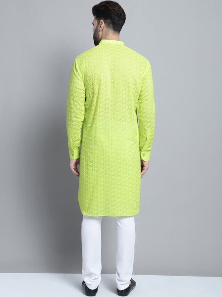 Lime Green Chikankari Embroidery Cotton Kurta Pajama Set by Luxury at Less
