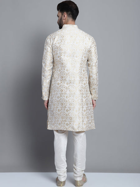 Designer White Golden Brocade Silk Sherwani Set by Luxury at Less