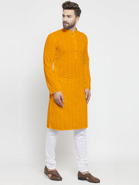 Mustard Yellow Cotton Chikankari Lucknowi Jaal Embroidered Kurta with Churidar Pajama For Men by Luxury at Less