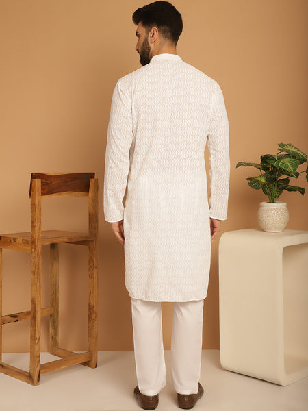 Designer White Chikankari Embroidered Kurta Pajama Set by Luxury at Less