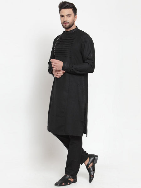 Designer Black Kurta With Aligarh Pajama Set in Linen For Men by Luxury at Less