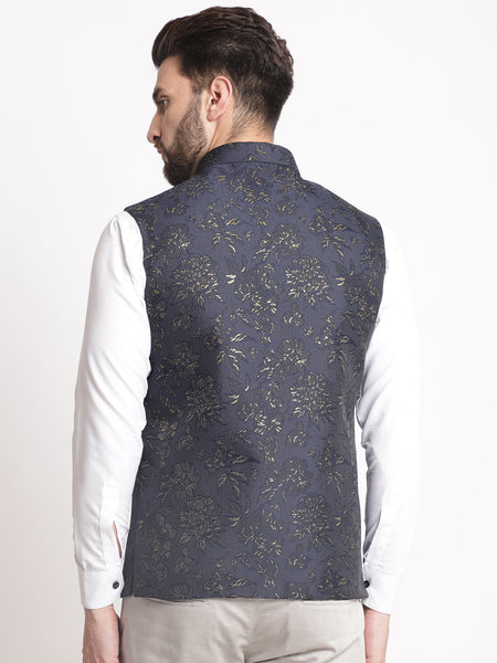 Blue Jacquard  Brocade Silk Nehru Jacket By Luxury at Less