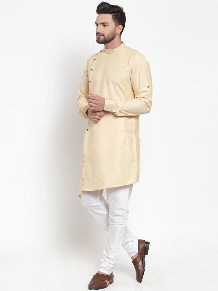 Designer Beige Kurta With Churidar Pajama Set in Linen For Men by Luxury at Less
