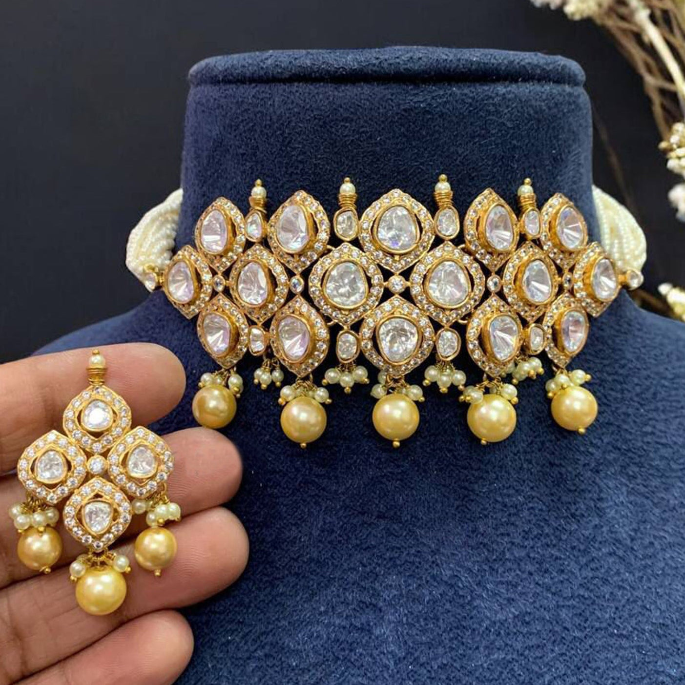 Elegant Kundan Pearl Choker Necklace Set with Matching Earrings