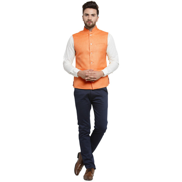 Luxury at Less Orange Tango Nehru jacket For Men Stylish Latest Design Suitable for Ethnic Wear/Wedding Wear/ Formal Wear/Casual Wear