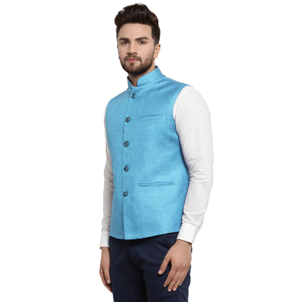Luxury at Less Sky Blue Nehru jacket For Men Stylish Latest Design Suitable for Ethnic Wear/Wedding Wear/ Formal Wear/Casual Wear