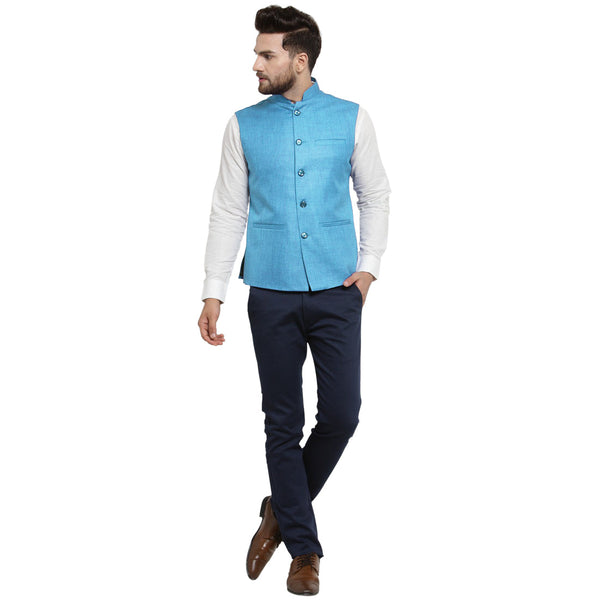 Luxury at Less Sky Blue Nehru jacket For Men Stylish Latest Design Suitable for Ethnic Wear/Wedding Wear/ Formal Wear/Casual Wear