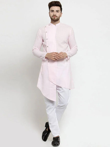 Designer Pink Linen Kurta With Aligarh Pajama For Men By Luxury at Less