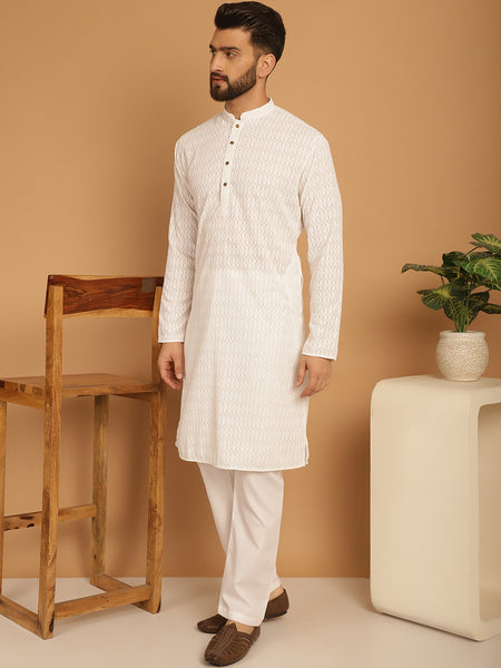 Designer White Chikankari Embroidered Kurta Pajama Set by Luxury at Less