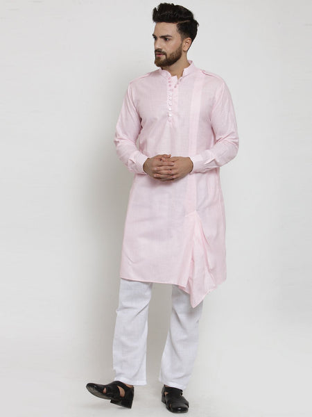 Pink Kurta With Aligarh Pajama  Set in Linen For Men by Luxury at Less