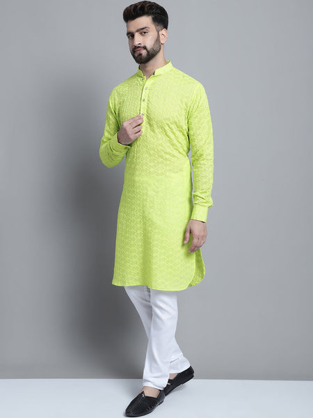 Lime Green Chikankari Embroidery Cotton Kurta Pajama Set by Luxury at Less