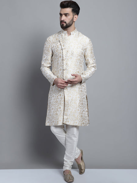 Designer White Golden Brocade Silk Sherwani Set by Luxury at Less