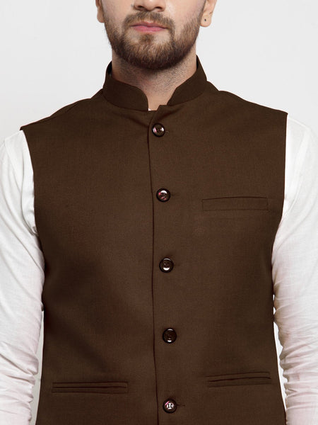 Men Chocolate Brown Solid Nehru Jacket By Luxury at Less