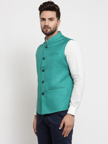 Men Green Solid Nehru Jacket By Luxury at Less