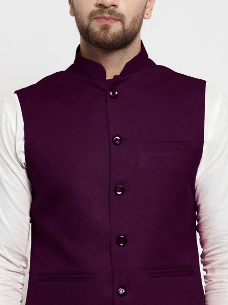 Men Purple Solid Nehru Jacket By Luxury at Less