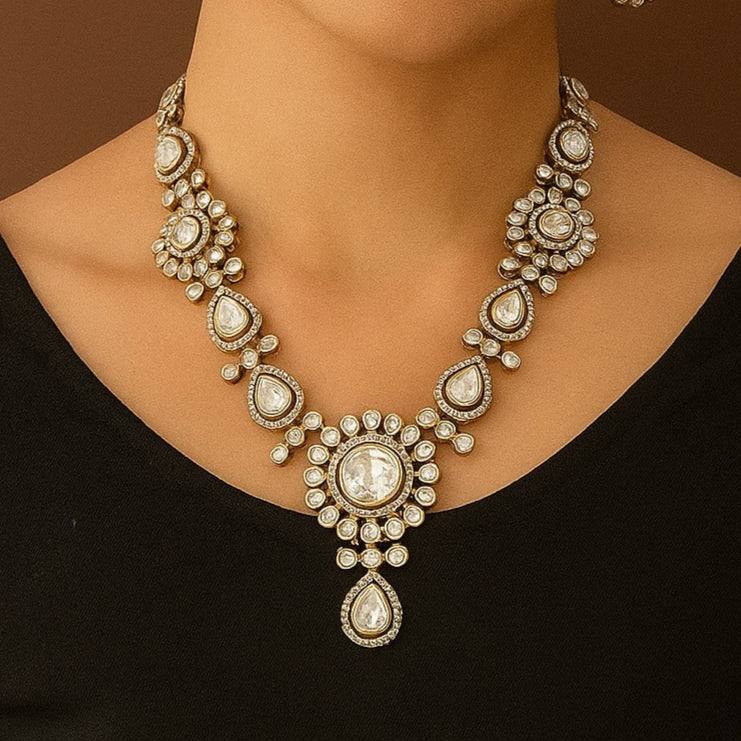 Grand Kundan Polki Necklace with Circular Floral Motifs & Matching Earrings