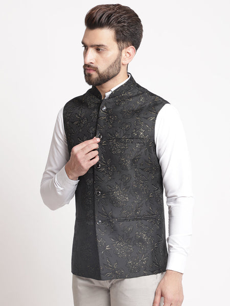 Black Jacquard  Brocade Silk Nehru Jacket By Luxury at Less