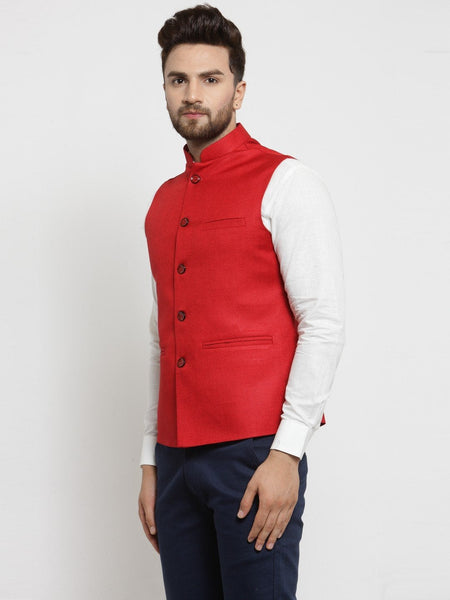 Men Red Solid Nehru Jacket By Luxury at Less
