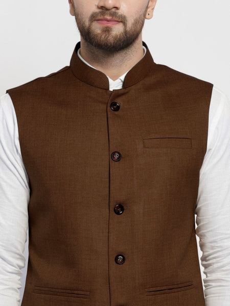 Men Caramel Solid Nehru Jacket By Luxury at Less