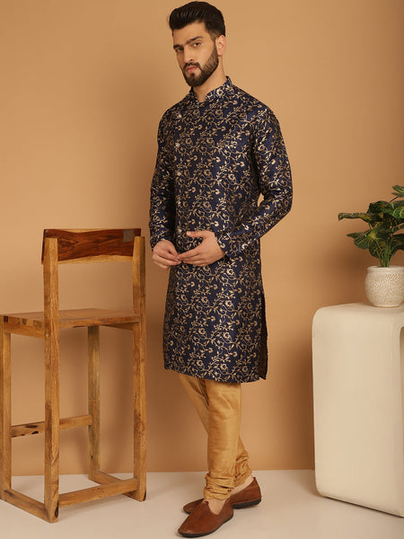 Designer Blue Golden Brocade Silk Sherwani Set by Luxury at Less