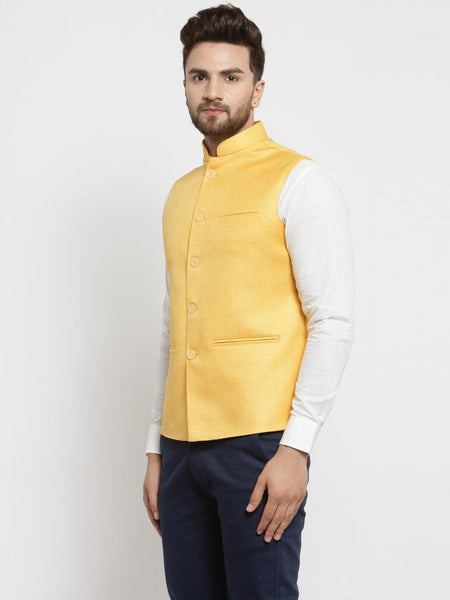 Men Yellow Solid Nehru Jacket By Luxury at Less