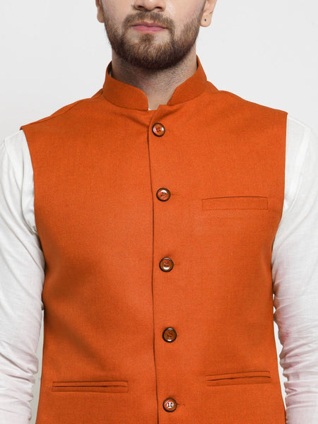 Men Orange Solid Nehru Jacket By Luxury at Less