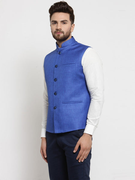 Men Blue Solid Nehru Jacket By Luxury at Less