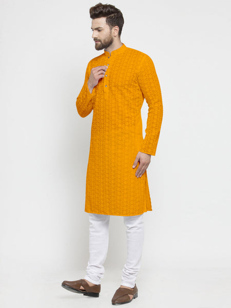 Mustard Yellow Cotton Chikankari Lucknowi Jaal Embroidered Kurta with Churidar Pajama For Men by Luxury at Less