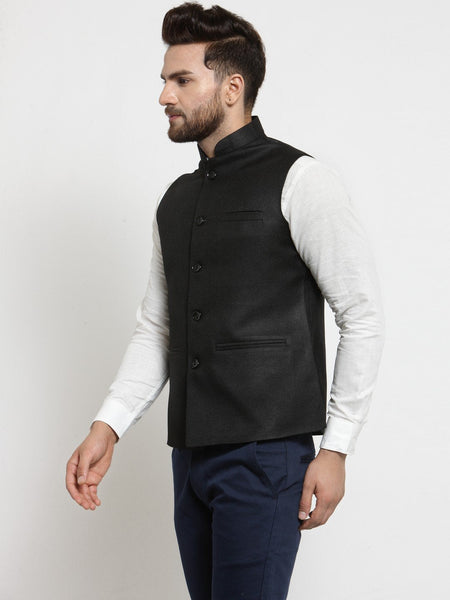 Men Black Solid Nehru Jacket By Luxury at Less