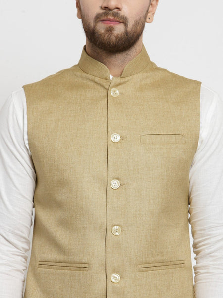 Men Beige Solid Nehru Jacket By Luxury at Less