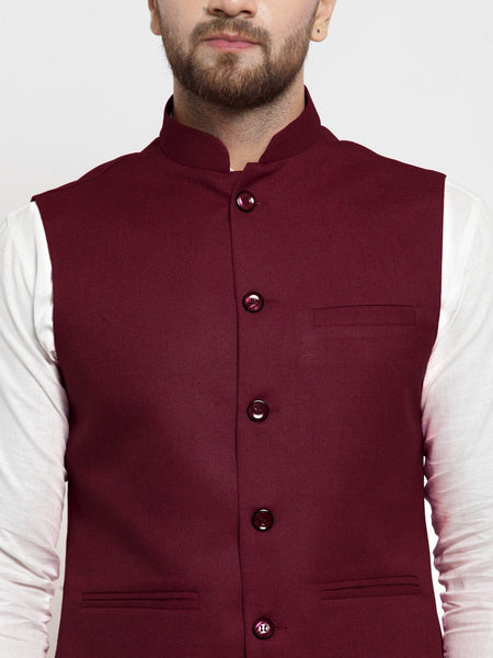 Men Maroon Solid Nehru Jacket By Luxury at Less